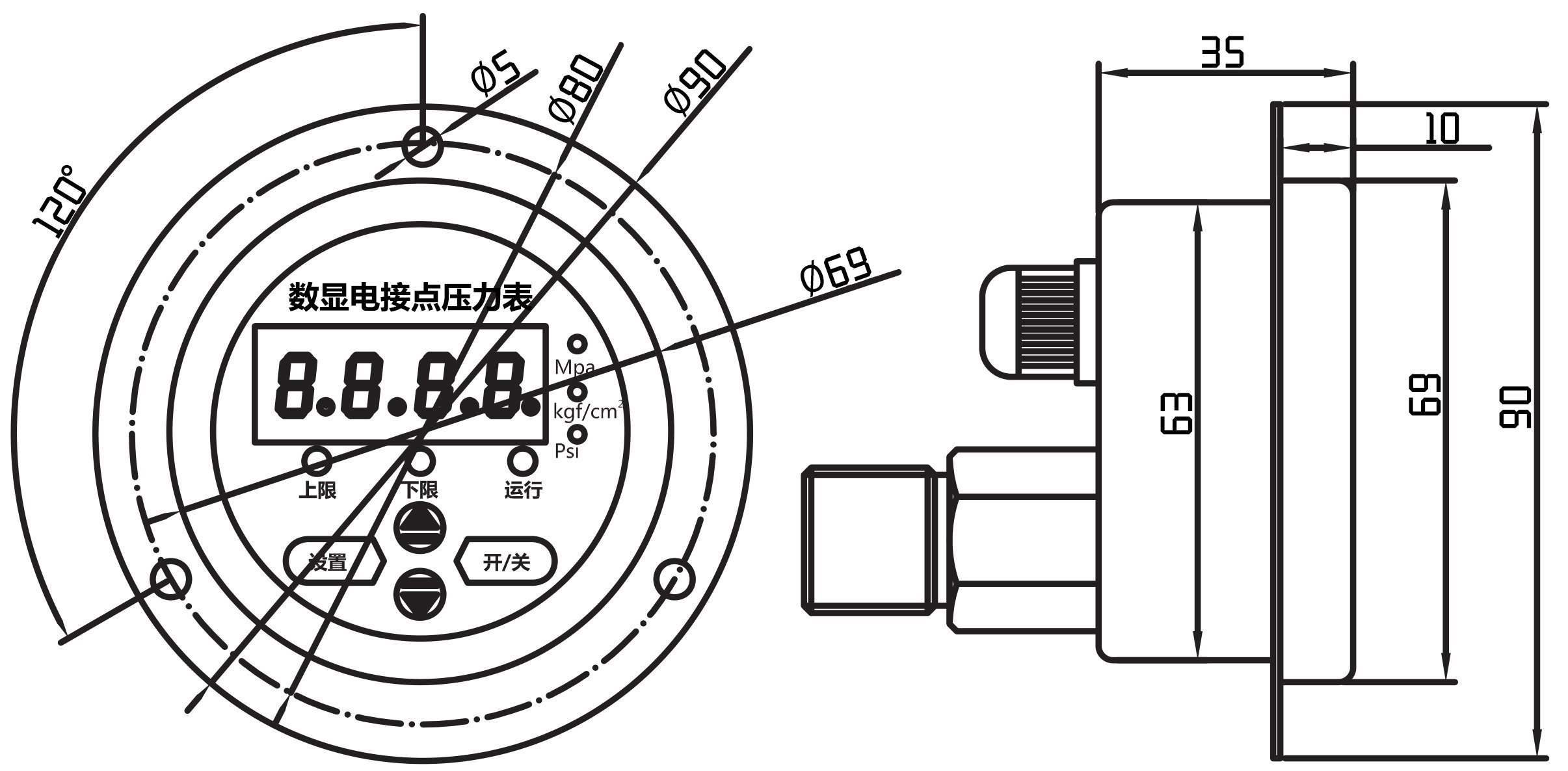 YL-820Z电接点压力表尺寸图